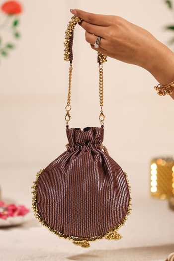 Shop_5elements_Black Beads, Zari, Tassels, Chains Swarna Lalika Cresent Moon Embellished Potli _at_Aza_Fashions