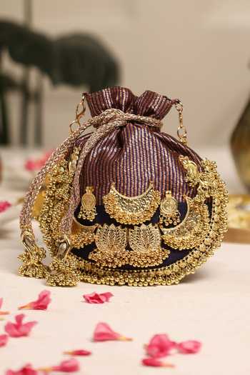 5elements_Black Beads, Zari, Tassels, Chains Swarna Lalika Cresent Moon Embellished Potli _at_Aza_Fashions
