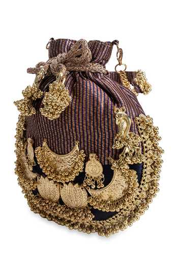 Shop_5elements_Black Beads, Zari, Tassels, Chains Swarna Lalika Cresent Moon Embellished Potli 