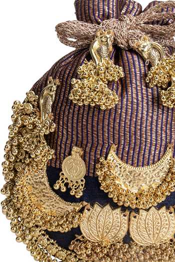 5elements_Black Beads, Zari, Tassels, Chains Swarna Lalika Cresent Moon Embellished Potli _Online