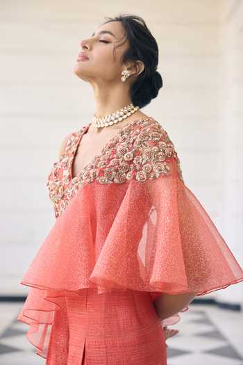 Awigna_Orange Silk, Organza Embroidery V-neck Poppy Top And Palazzo Set _Online_at_Aza_Fashions