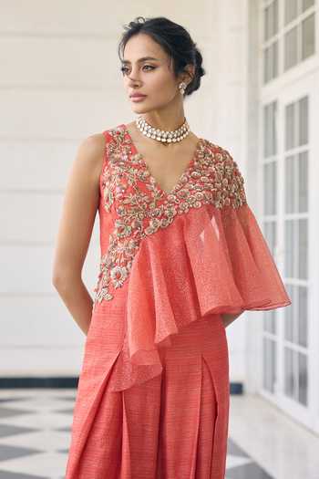 Buy_Awigna_Orange Silk, Organza Embroidery V-neck Poppy Top And Palazzo Set _Online_at_Aza_Fashions