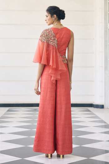 Shop_Awigna_Orange Silk, Organza Embroidery V-neck Poppy Top And Palazzo Set _at_Aza_Fashions