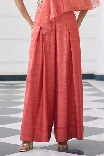 Shop_Awigna_Orange Silk, Organza Embroidery V-neck Poppy Top And Palazzo Set _Online_at_Aza_Fashions