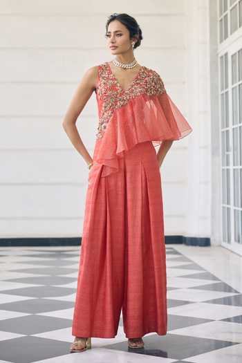 Buy_Awigna_Orange Silk, Organza Embroidery V-neck Poppy Top And Palazzo Set _at_Aza_Fashions