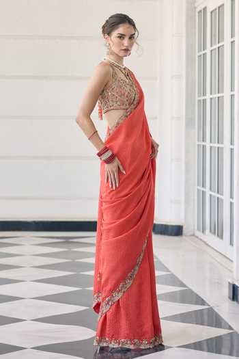 Awigna_Orange Net, Chiffon V-neck Cosmos Embroidered Border Saree And Blouse Set _Online_at_Aza_Fashions