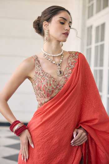 Buy_Awigna_Orange Net, Chiffon V-neck Cosmos Embroidered Border Saree And Blouse Set _Online_at_Aza_Fashions