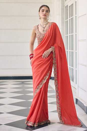 Shop_Awigna_Orange Net, Chiffon V-neck Cosmos Embroidered Border Saree And Blouse Set _Online_at_Aza_Fashions