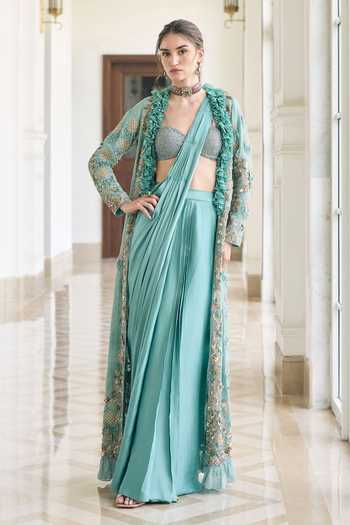 Awigna_Teal Organza, Satin, Modal Open Neck, Plunge Hayacinth Pre-draped Saree Set _Online_at_Aza_Fashions