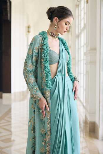 Buy_Awigna_Teal Organza, Satin, Modal Open Neck, Plunge Hayacinth Pre-draped Saree Set _Online_at_Aza_Fashions