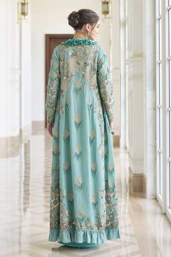 Shop_Awigna_Teal Organza, Satin, Modal Open Neck, Plunge Hayacinth Pre-draped Saree Set _at_Aza_Fashions