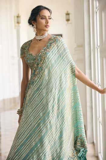 Buy_Awigna_Teal Silk, Organza Sweetheart Neck Caladium Diagonal Striped Lehenga Set _Online_at_Aza_Fashions