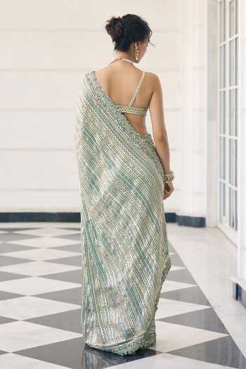 Shop_Awigna_Teal Organza Sweetheart Neck Embellished Saree And Blouse Set _at_Aza_Fashions