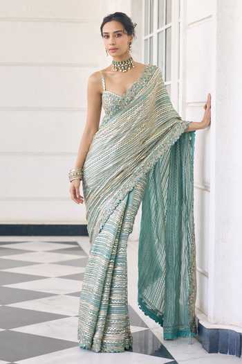 Awigna_Teal Organza Sweetheart Neck Embellished Saree And Blouse Set _Online_at_Aza_Fashions
