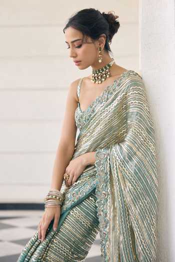 Buy_Awigna_Teal Organza Sweetheart Neck Embellished Saree And Blouse Set _Online_at_Aza_Fashions