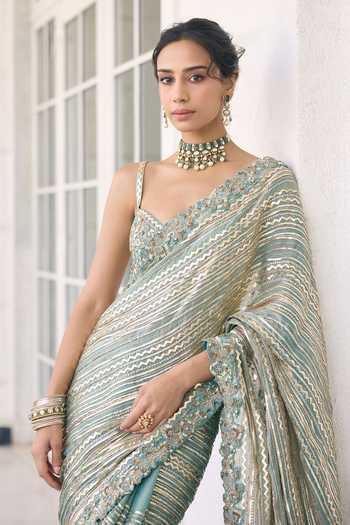Shop_Awigna_Teal Organza Sweetheart Neck Embellished Saree And Blouse Set _Online_at_Aza_Fashions