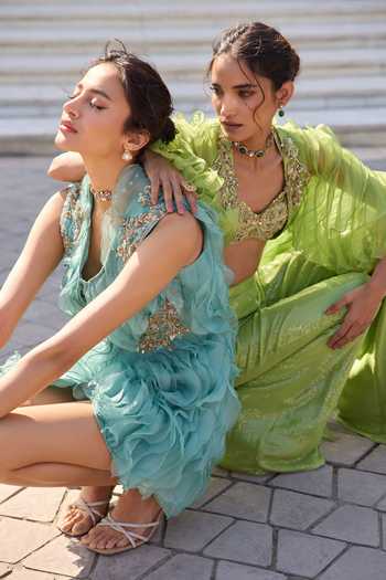 Buy_Awigna_Teal Organza V-neck Bluebell Ruffle Dress _Online_at_Aza_Fashions