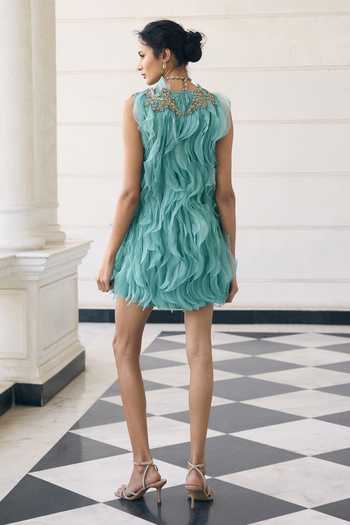 Shop_Awigna_Teal Organza V-neck Bluebell Ruffle Dress _at_Aza_Fashions