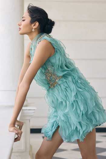 Shop_Awigna_Teal Organza V-neck Bluebell Ruffle Dress _Online_at_Aza_Fashions