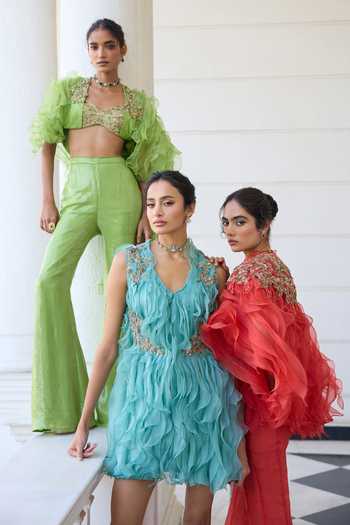 Awigna_Teal Organza V-neck Bluebell Ruffle Dress _at_Aza_Fashions