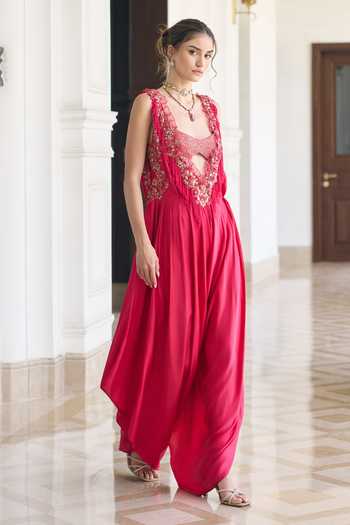 Awigna_Pink Satin, Modal V-neck Pentas V Jumpsuit And Bustier Set _Online_at_Aza_Fashions