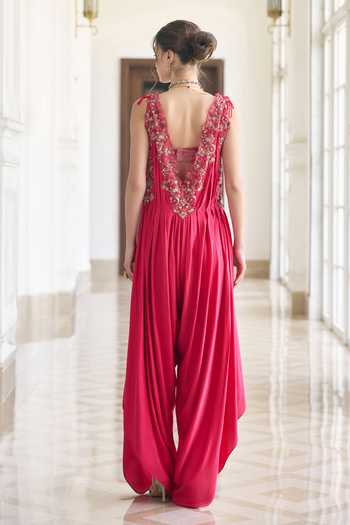 Shop_Awigna_Pink Satin, Modal V-neck Pentas V Jumpsuit And Bustier Set _at_Aza_Fashions