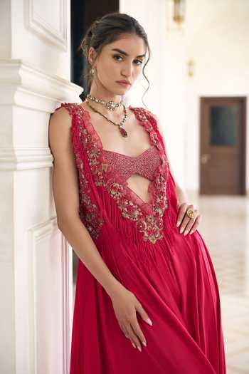 Buy_Awigna_Pink Satin, Modal V-neck Pentas V Jumpsuit And Bustier Set _Online_at_Aza_Fashions