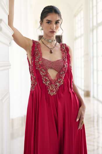 Shop_Awigna_Pink Satin, Modal V-neck Pentas V Jumpsuit And Bustier Set _Online_at_Aza_Fashions