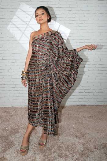 Sheeshakari_Black Silk One Shoulder Hand Embroidered Ajrakh Print Kaftan _Online_at_Aza_Fashions