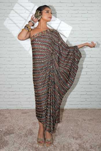 Buy_Sheeshakari_Black Silk One Shoulder Hand Embroidered Ajrakh Print Kaftan _Online_at_Aza_Fashions