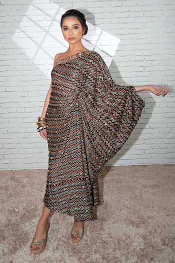 Shop_Sheeshakari_Black Silk One Shoulder Hand Embroidered Ajrakh Print Kaftan _Online_at_Aza_Fashions