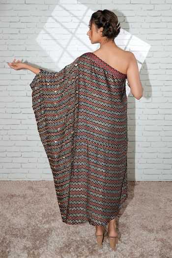 Shop_Sheeshakari_Black Silk One Shoulder Hand Embroidered Ajrakh Print Kaftan _at_Aza_Fashions