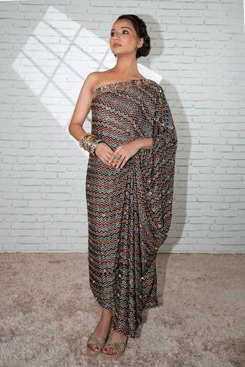 Sheeshakari_Black Silk One Shoulder Hand Embroidered Ajrakh Print Kaftan _at_Aza_Fashions