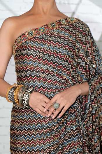 Buy_Sheeshakari_Black Silk One Shoulder Hand Embroidered Ajrakh Print Kaftan 