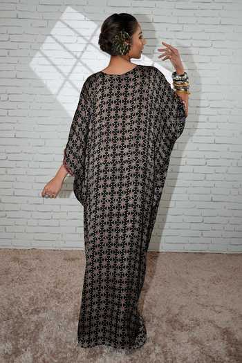 Shop_Sheeshakari_Black Silk V-neck Ruched Hand Embroidered Kaftan _at_Aza_Fashions