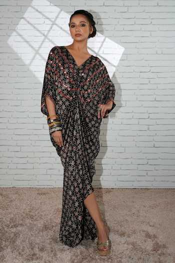Buy_Sheeshakari_Black Silk V-neck Ruched Hand Embroidered Kaftan _Online_at_Aza_Fashions