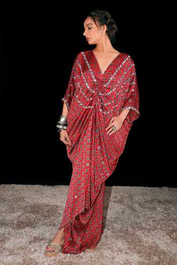 Sheeshakari_Red Silk V-neck Ajrakh Pattern Kaftan _Online_at_Aza_Fashions