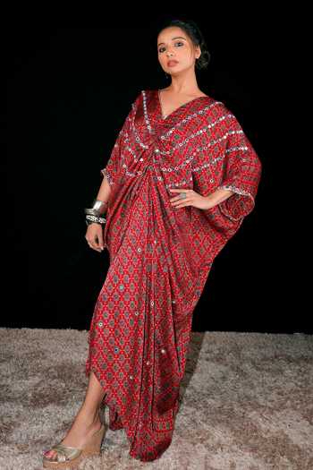 Shop_Sheeshakari_Red Silk V-neck Ajrakh Pattern Kaftan _Online_at_Aza_Fashions