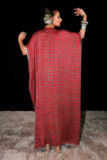 Shop_Sheeshakari_Red Silk V-neck Ajrakh Pattern Kaftan _at_Aza_Fashions
