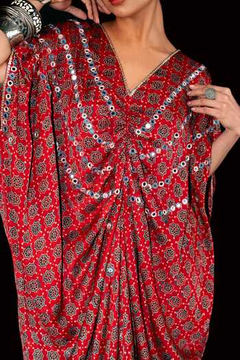 Sheeshakari_Red Silk V-neck Ajrakh Pattern Kaftan _at_Aza_Fashions