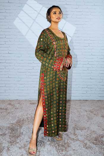 Sheeshakari_Green Silk Scoop Neck Ajrakh Print Kaftan _Online_at_Aza_Fashions