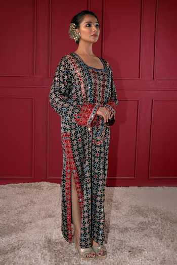 Sheeshakari_Black Silk Round Neck Ajrakh Pattern Kaftan _Online_at_Aza_Fashions