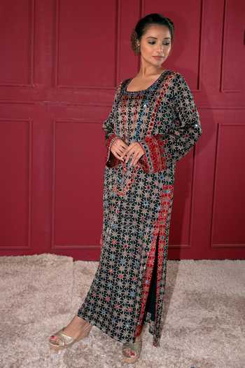 Buy_Sheeshakari_Black Silk Round Neck Ajrakh Pattern Kaftan _Online_at_Aza_Fashions