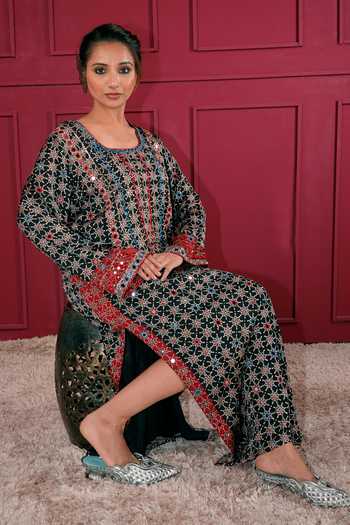 Shop_Sheeshakari_Black Silk Round Neck Ajrakh Pattern Kaftan _Online_at_Aza_Fashions