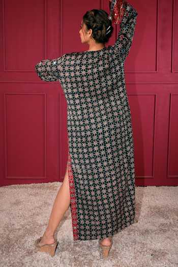 Shop_Sheeshakari_Black Silk Round Neck Ajrakh Pattern Kaftan _at_Aza_Fashions