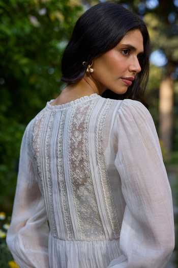 Surmaye_Ivory Chanderi Boat Neck Trail Embroidered Dress _Online_at_Aza_Fashions