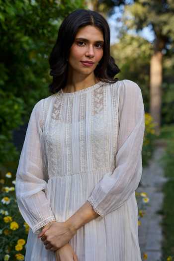 Surmaye_Ivory Chanderi Boat Neck Trail Embroidered Dress _at_Aza_Fashions