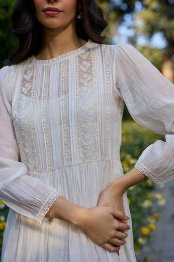 Buy_Surmaye_Ivory Chanderi Boat Neck Trail Embroidered Dress 