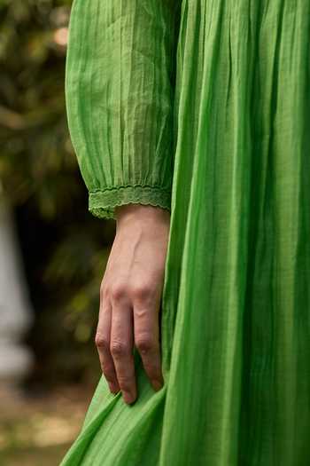 Shop_Surmaye_Green Chanderi Boat Neck Trail Embroidered Dress _Online_at_Aza_Fashions