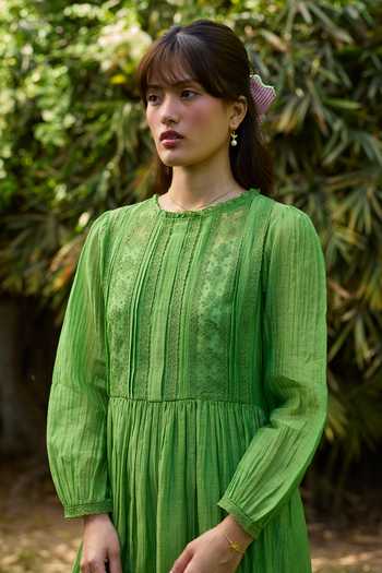 Surmaye_Green Chanderi Boat Neck Trail Embroidered Dress _at_Aza_Fashions